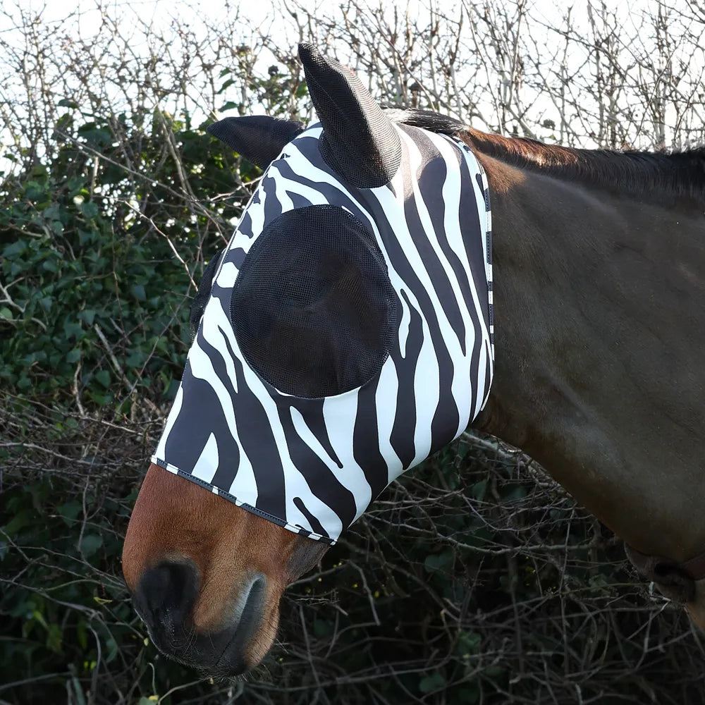Hy Equestrian Lycra Zebra Print Fly Mask for Horses, Breathable Protective Headgear