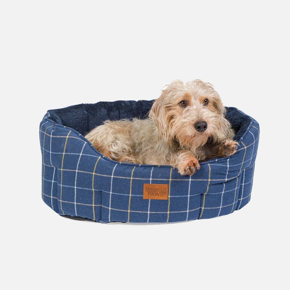 House of Paws Check Tweed Oval Snuggle Bed - Navy - Large